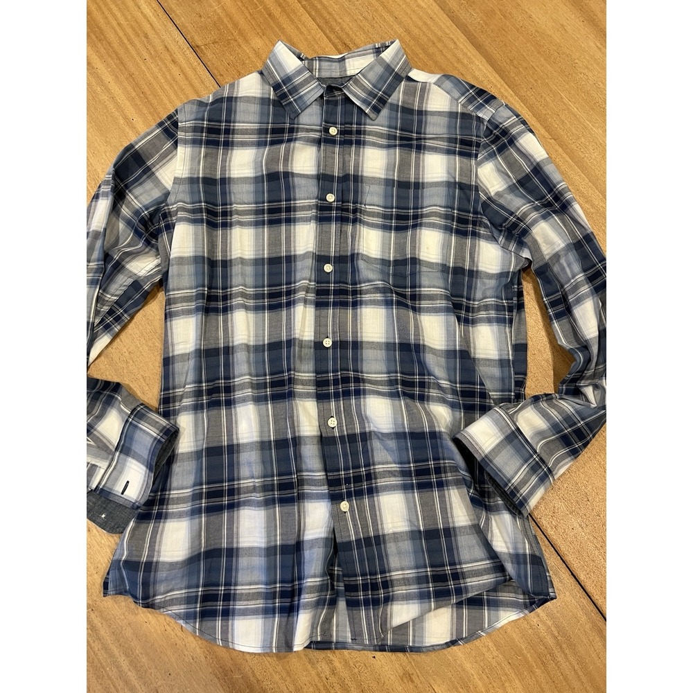 Banana Republic Dress Shirt Mens Large Blue‎ Plaid Check Slim Fit Stretch Soft